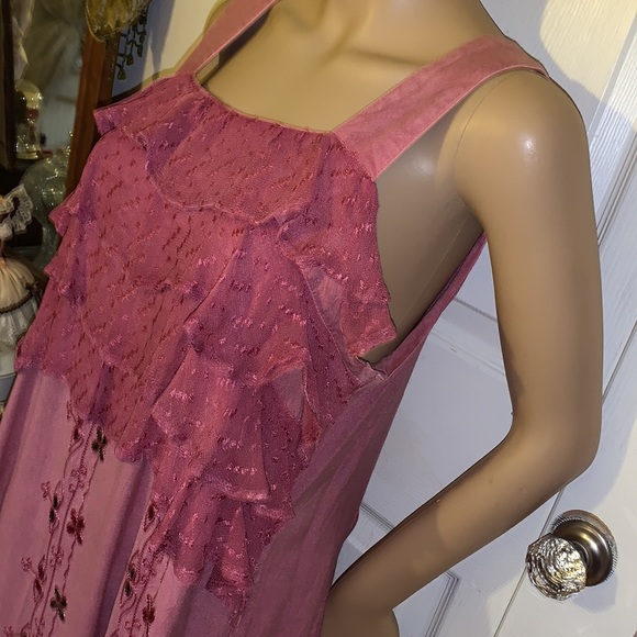 Dusty rose embroidered ruffles boho hippie sundress dress M as is - Picture 4 of 14